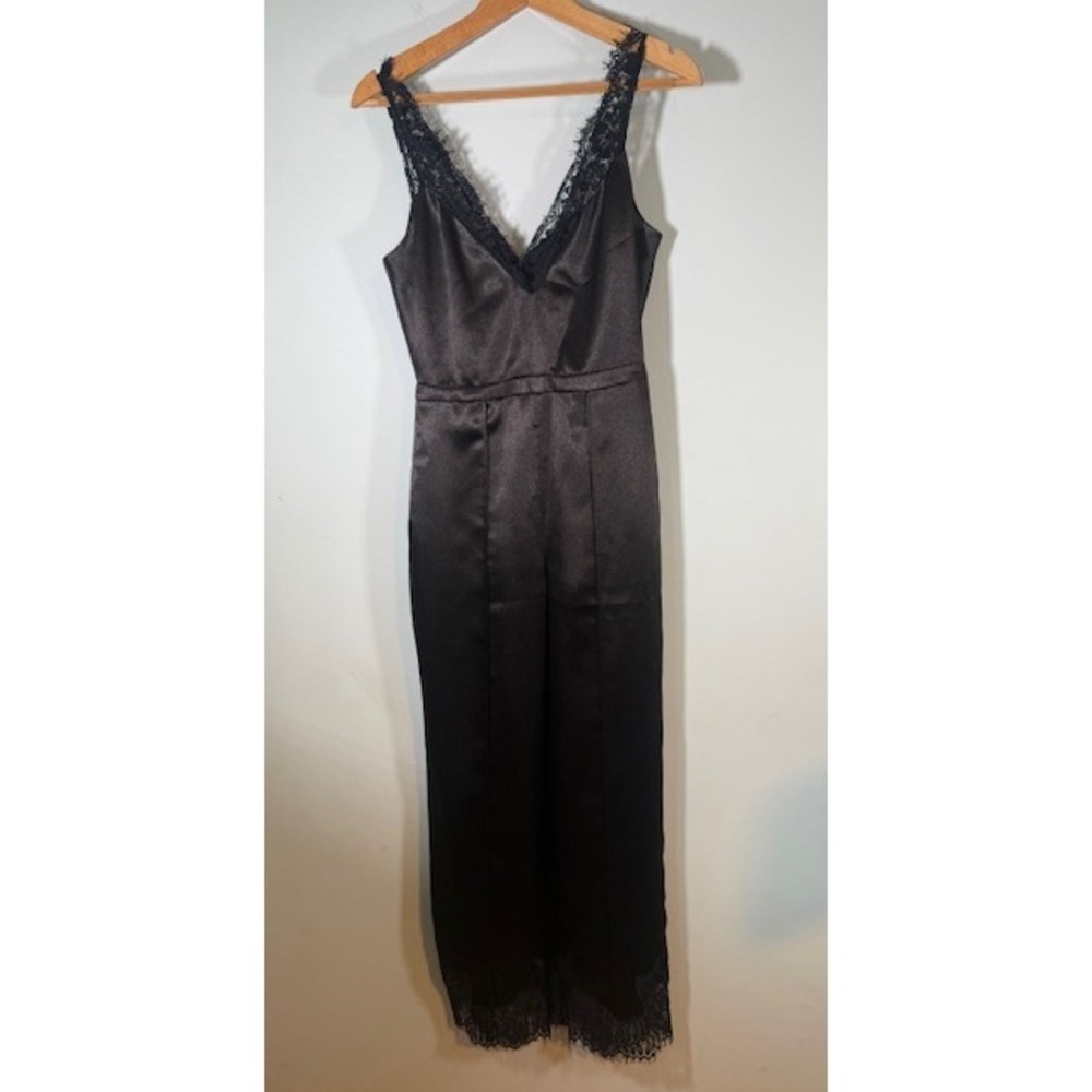 Zac Posen Black Satin Eyelash Lace Wide Leg Jumpsuit Size 4 Closed Label - Picture 4 of 8